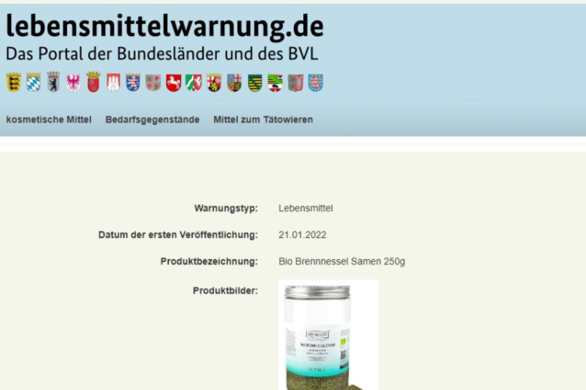 Screenshot der Behördenmeldung auf lebensmittelwarnung.de