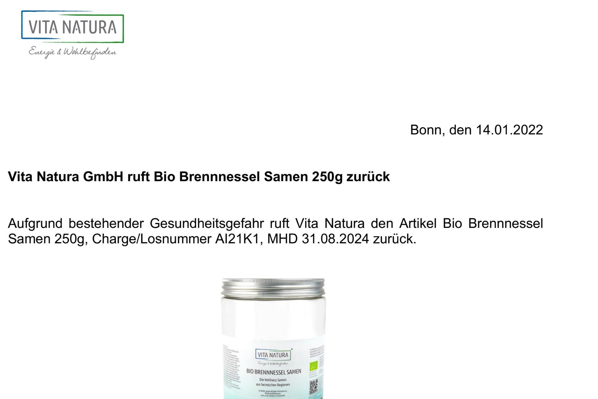 Rückruf-Information des Inverkehrbringers, Quelle: lebensmittelwarnung.de