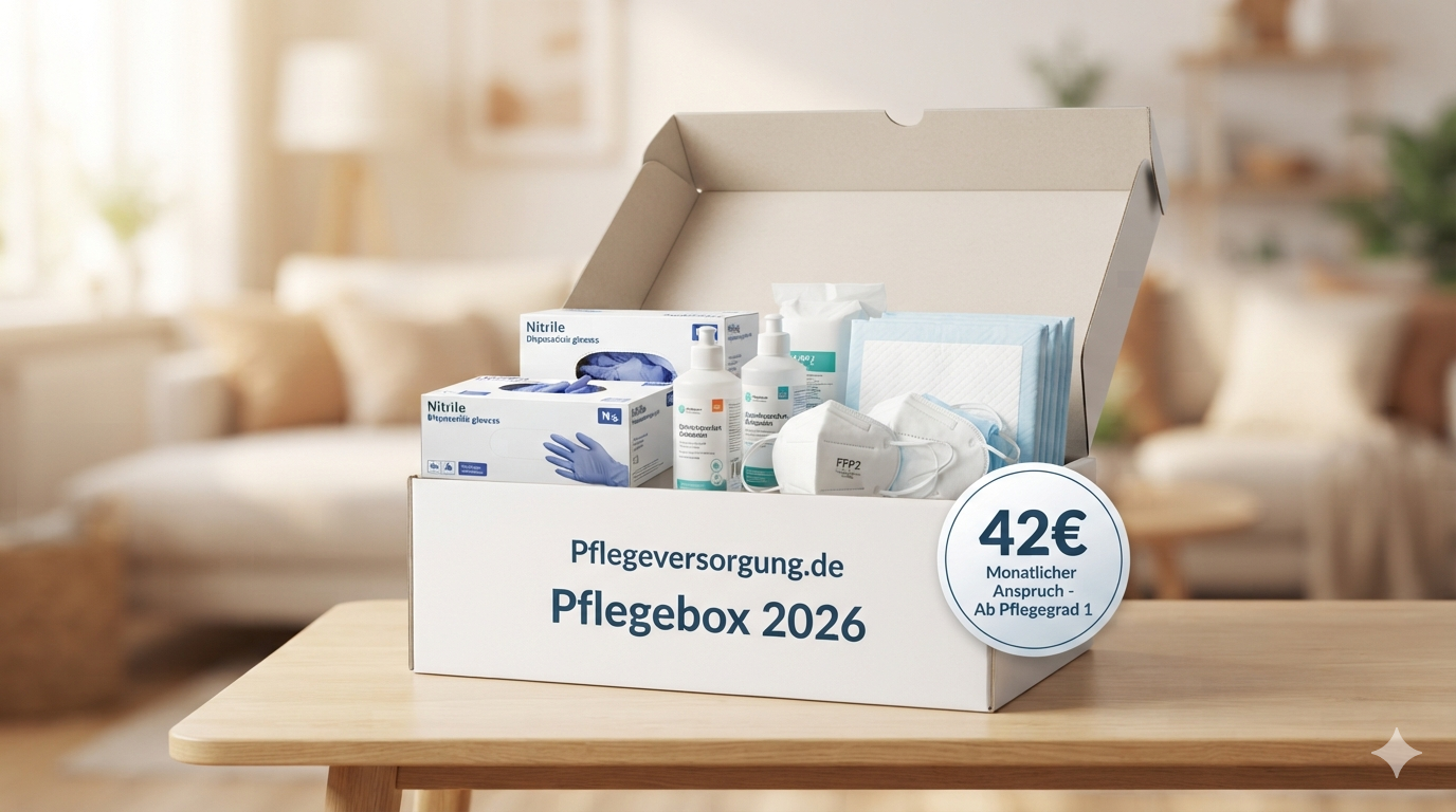 Eine geöffnete Pflegebox 2026 von Pflegeversorgung.de mit kostenlosen Pflegehilfsmitteln im Wert von