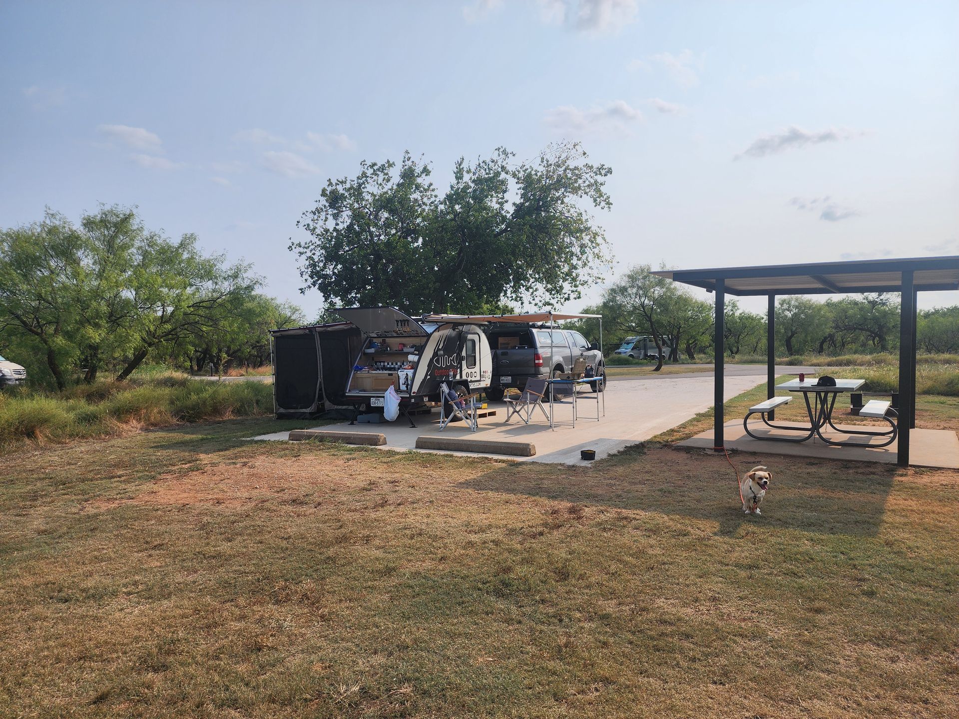 Bushwhacker Teardrop Trailer set up to camp at Texas State Park camp site.