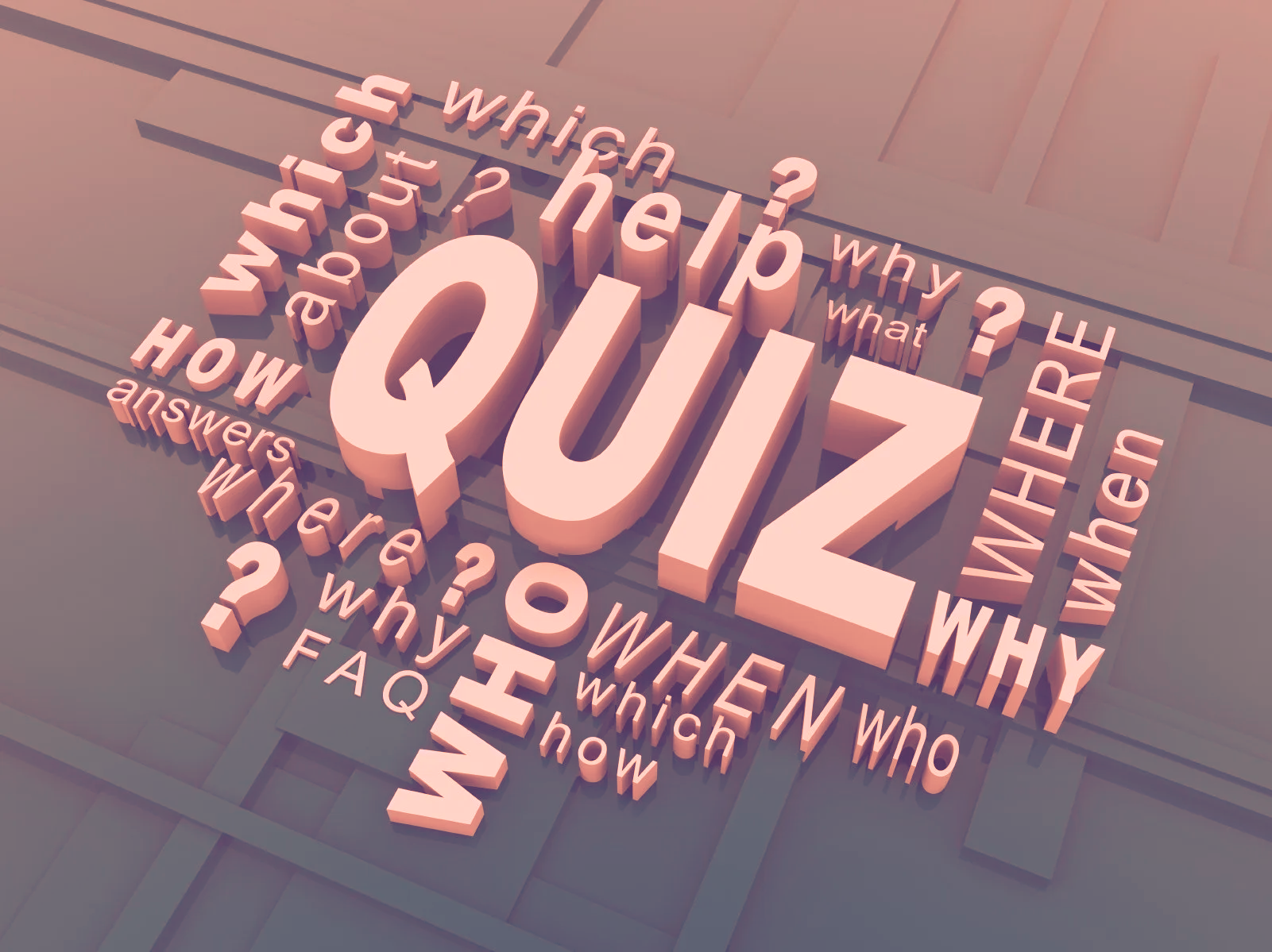 Image fond bleu avec les mots en rose QUIZ, help, who, why etc.