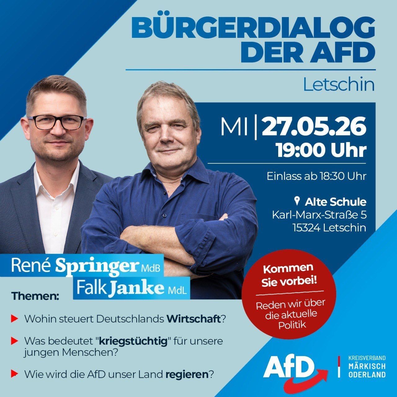 Einladung zum Bürgerdialog der AfD in Letschin mit René Springer (MdB) und Falk Janke (MdL)