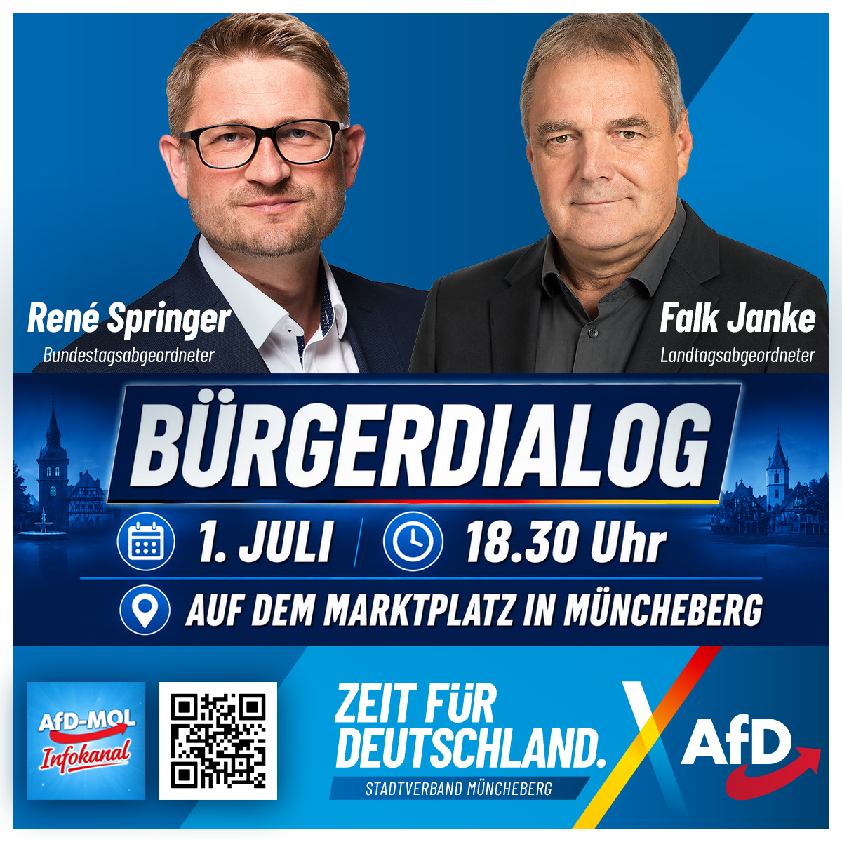 Bürgerdialog in Müncheberg am 01.07.2026 mit René Springer und Falk Janke.