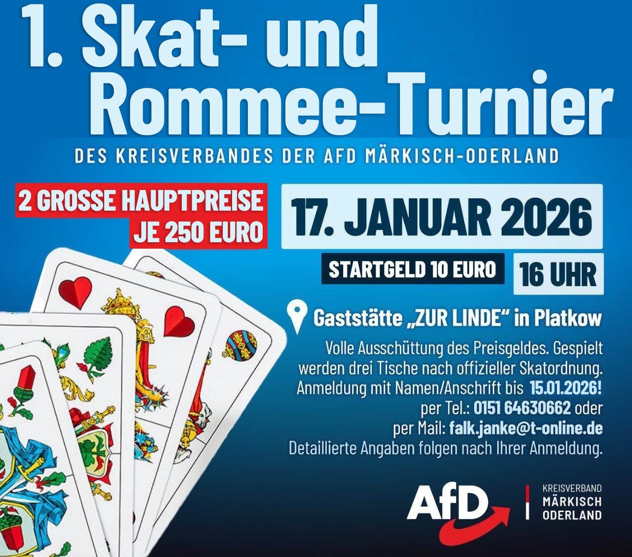 Der Kreisverband der AfD in MOL lädt Dich herzlich zu unserem ersten Skat- und Rommee-Turnier ein.