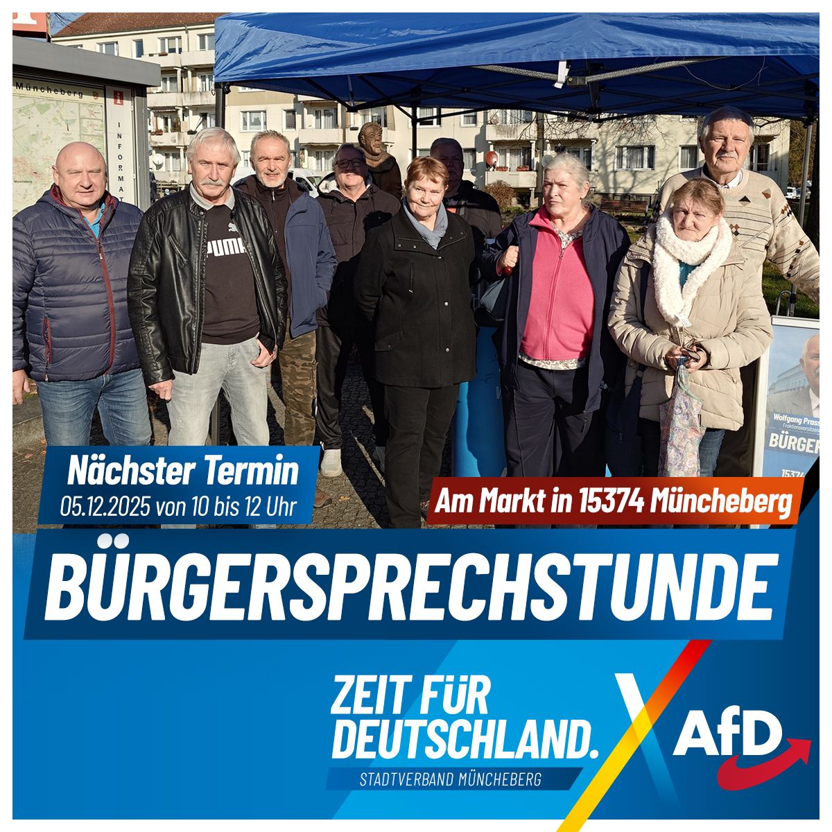 Die AfD-Fraktion in der SVV Müncheberg lädt ein zur Bürgersprechstunde am Markt in Müncheberg.