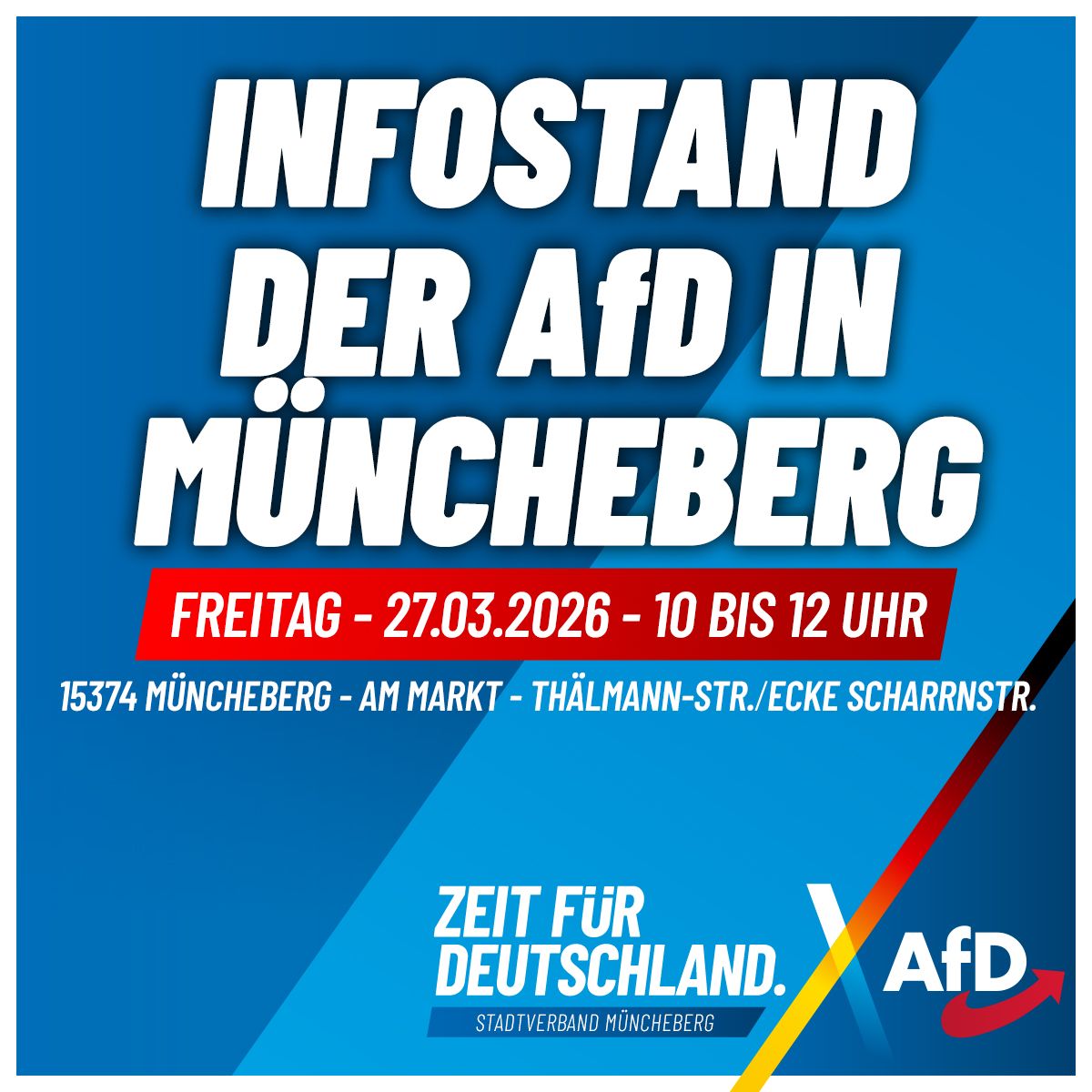 Die AfD-Fraktion in der SVV Müncheberg lädt ein zur Bürgersprechstunde am Markt in Müncheberg.