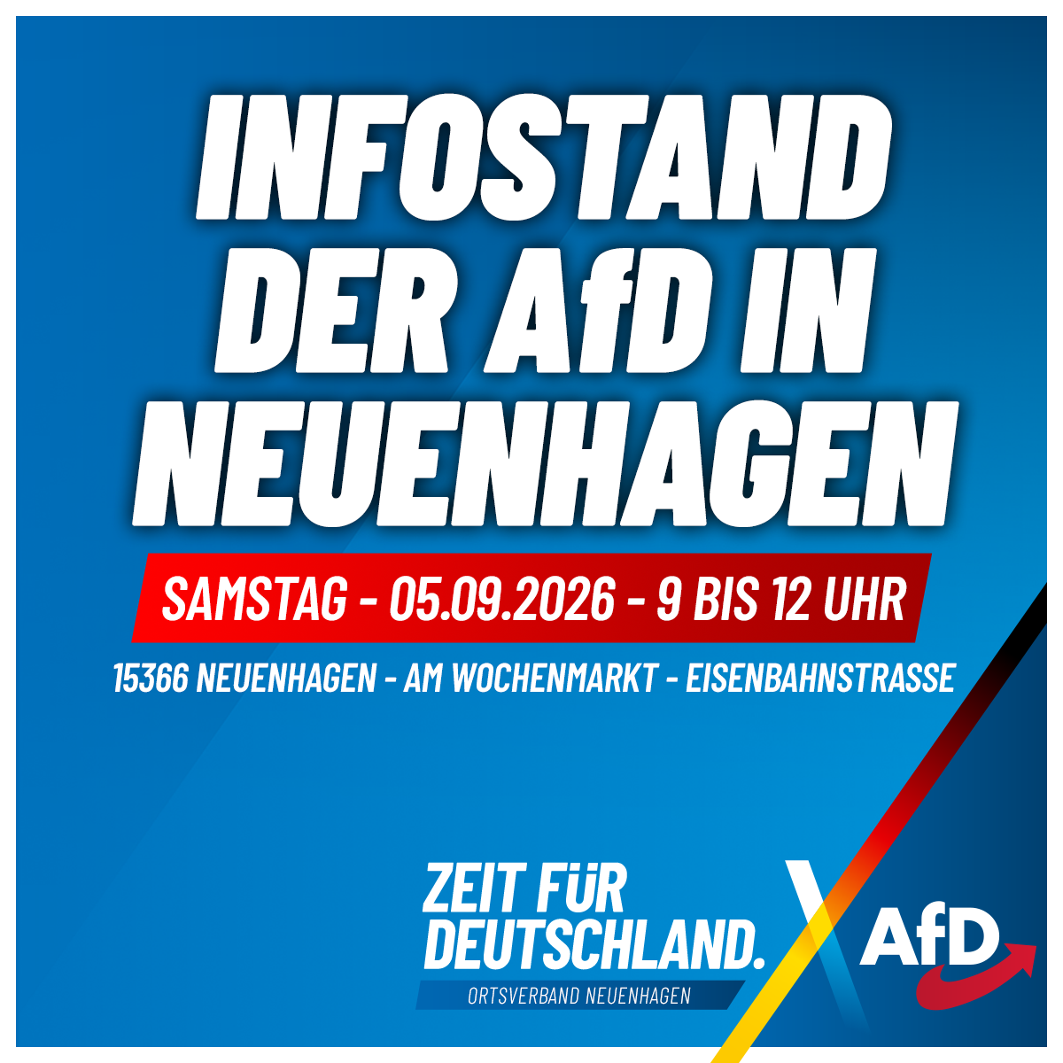 Infostand in Neuenhagen mit Lokalpolitikern der AfD am Samstag, 4.Juli von 9 bis 12 Uhr