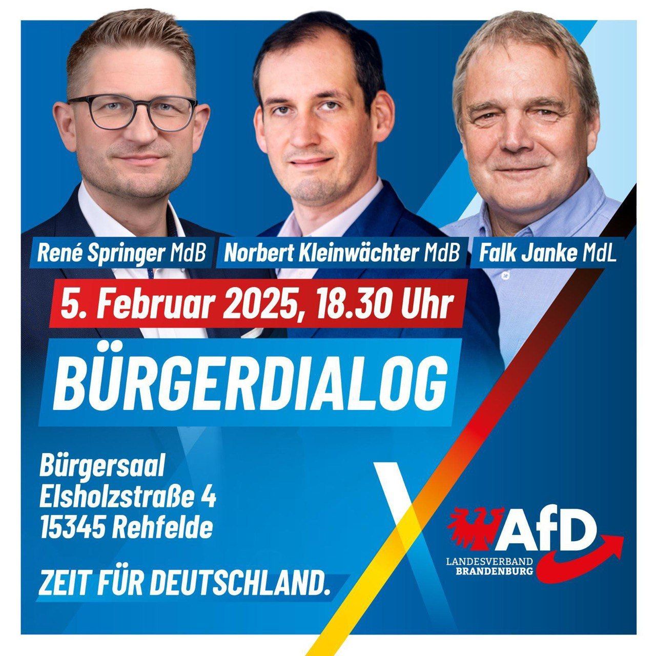 Im Rahmen unseres Bundestagswahlkampfes in Märkisch-Oderland findet am 22.01.2025 in Wriezen ein Bürgerdialog statt. Gastgeber und Redner sind unser Direktkandidat zur Bundestagswahl im Wahlkreis 59, René Springer und der Landtagsabgeordnete Falk Janke.