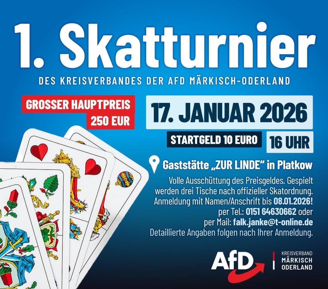 Der Kreisverband der AfD in Märkisch-Oderland lädt Dich ganz herzlich zu unserem ersten Skatturnier