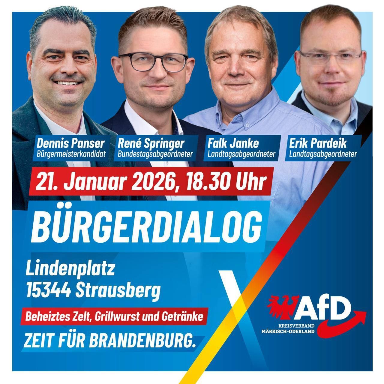 Am 21.01.2026 um 18:30 Uhr laden wir Sie zum Bürgerdialog auf dem Lindenplatz in Strausberg ein.