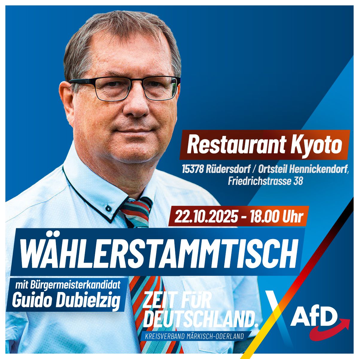 Einladung zum Wählerstammtisch  mit AfD-Bürgermeisterkandidat Guido Dubielzig nach Rüdersdorf