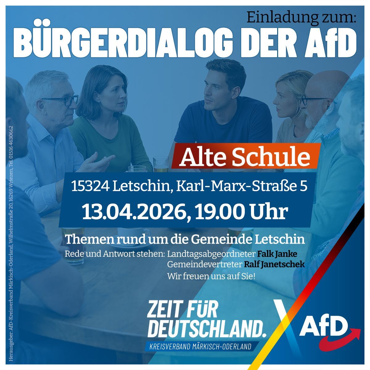 Bürgerdialog am 13.04.2026 in Letschin mit Themen der Kommunalpolitik.