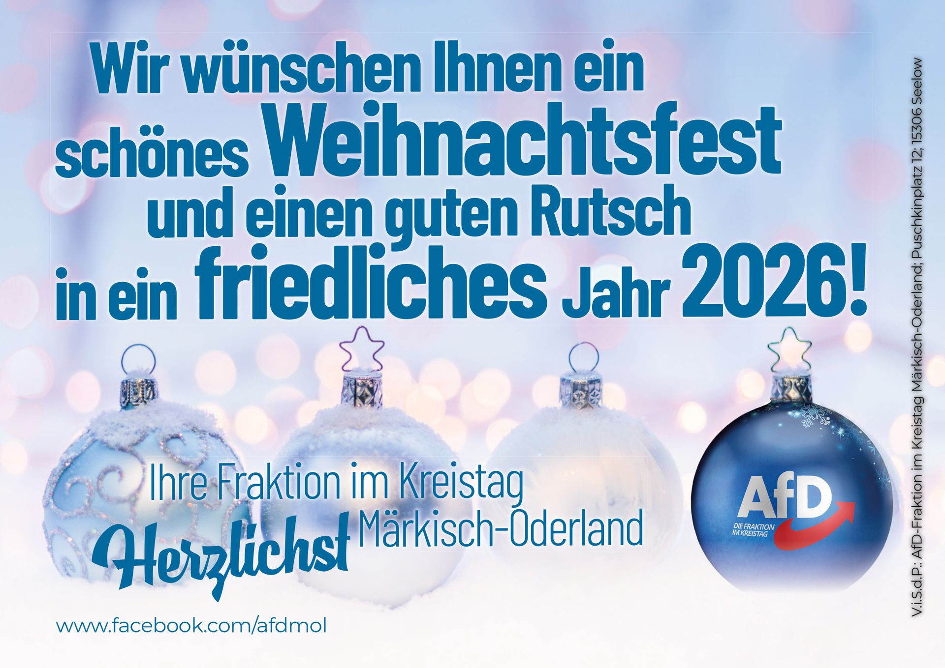 Die AfD-Fraktion im Kreistag Märkisch-Oderland wünscht Ihnen allen frohe und friedliche Weihnachten.