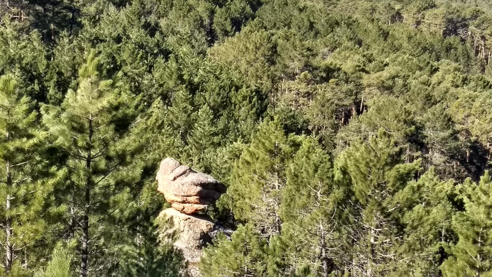 Roca en equilibrio sobre una columna natural en el Mirador de la Piedra Andadera, Navaleno.