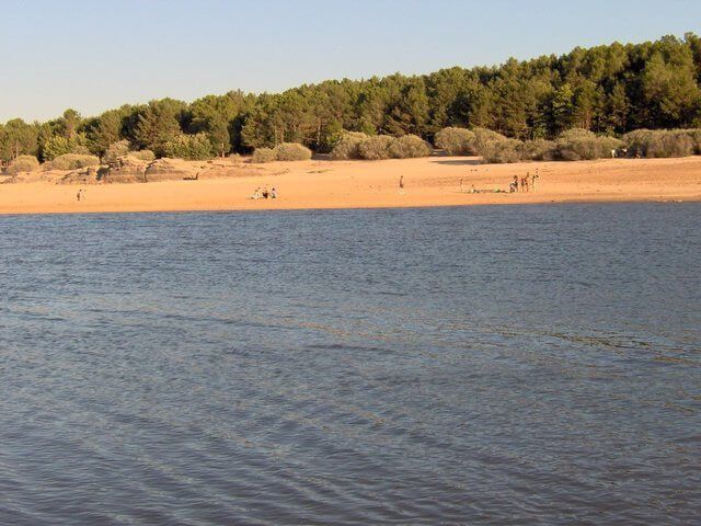 Zona de baño en Playa Pita, rodeada de pinos en el Embalse de la Cuerda del Pozo, Soria.