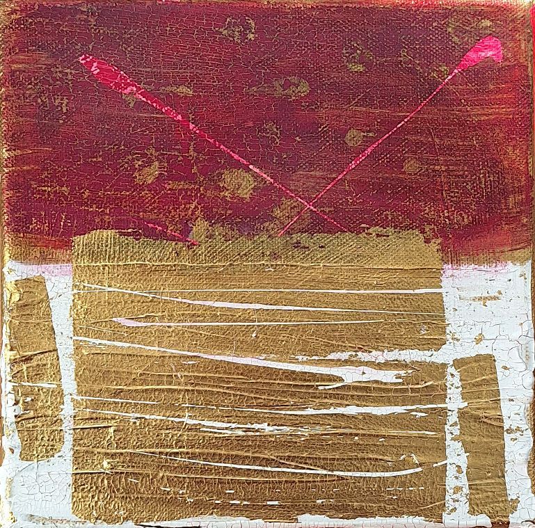 Goldrausch in rot | 20×20 cm | Acryl, Blattmetall, Krakelagespachtel auf Leinwand, 2025