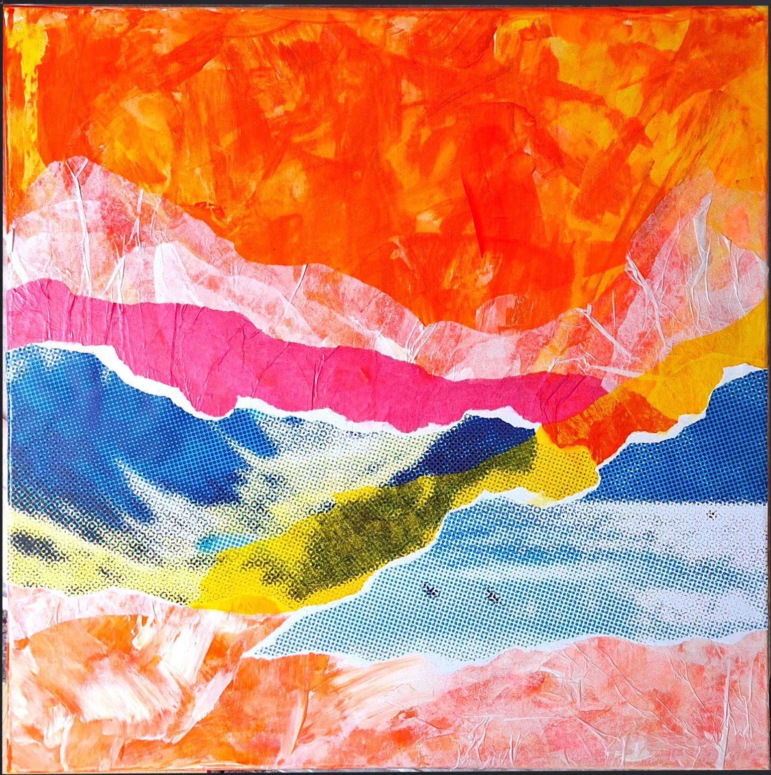 Lago 1 | 60x60 cm | Collage mit Acryl, Acrylbinder, Druck, Seidenpapier auf Leinwand, 2024
