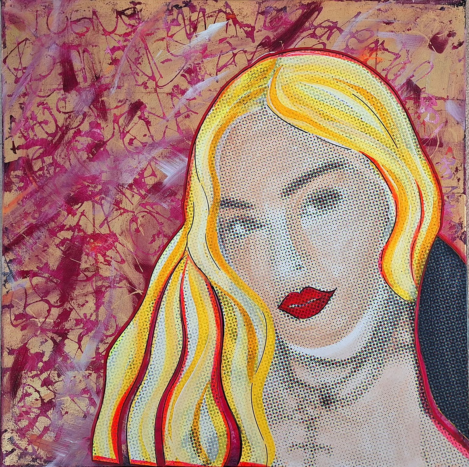 Madonna I | 70×70 cm | Collage | Acryl, Blattmetall, Papierdruck auf Leinwand, 2024