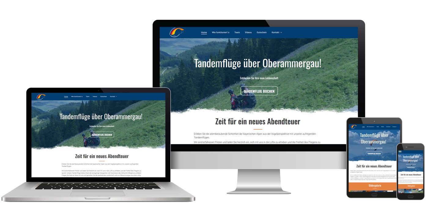 Webseitengestaltung - Tandemflüge über Oberammergau! Entdecken Sie Ihre neue Leidenschaft Tandemflüge über Oberammergau!
Entdecken Sie Ihre neue Leidenschaft. Webdesign in Ingolstadt