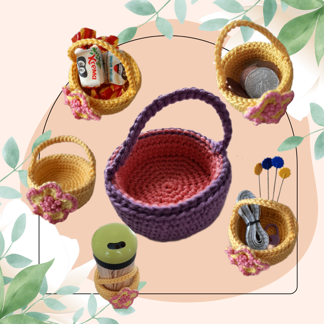Objet recyclé, panier miniature, boite rangement au crochet, vide poche pour petit objet, panier de poupée, support pour poupée au crochet, recyclage bouchon bouteille de lait