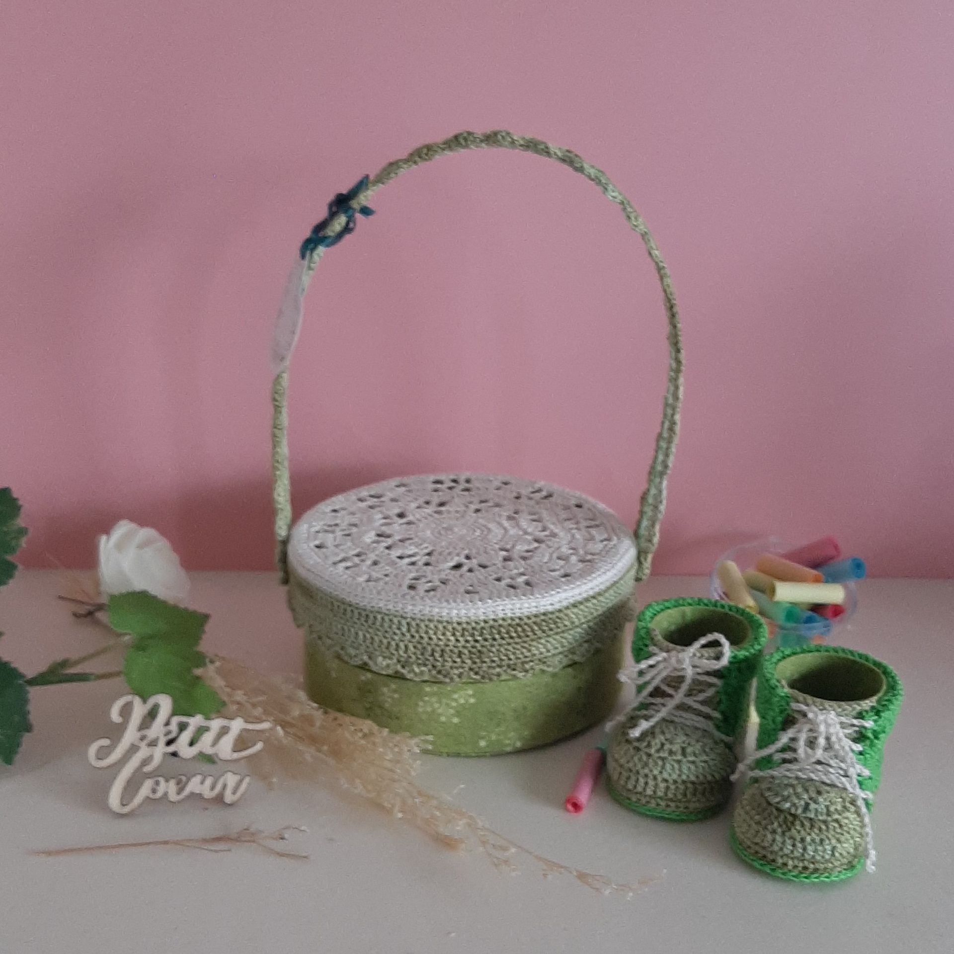 Boite Baptême et ses minis chaussures: vert