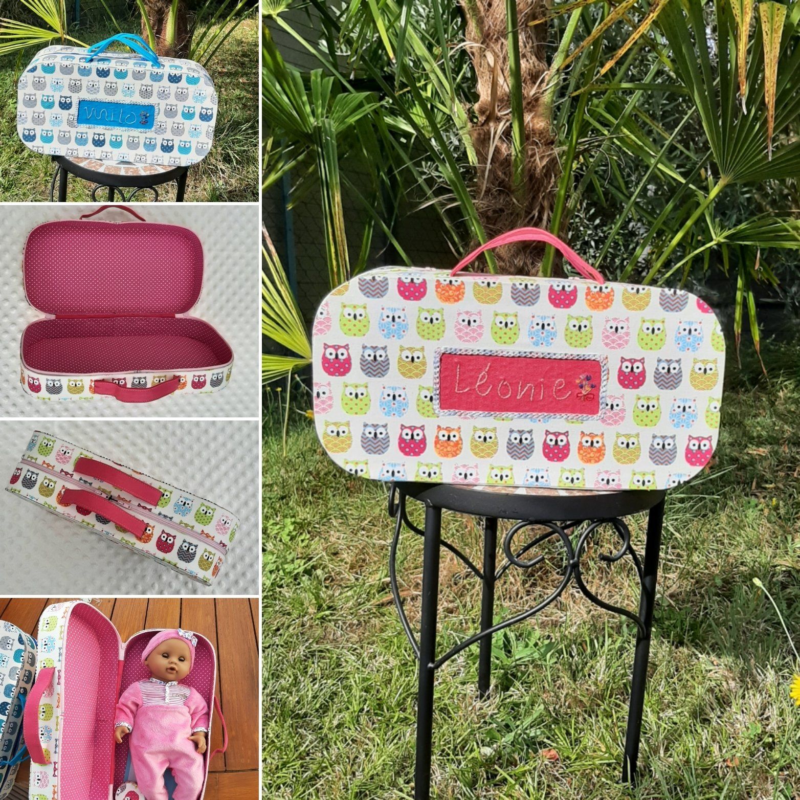 Valisette personnalisée rose ou bleu range doudou, poupée, jouet, une création Chouettes ArtDec