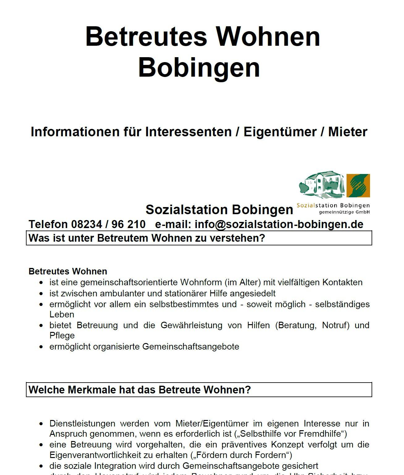 Informationsblatt über betreutes Wohnen in Bobingen
