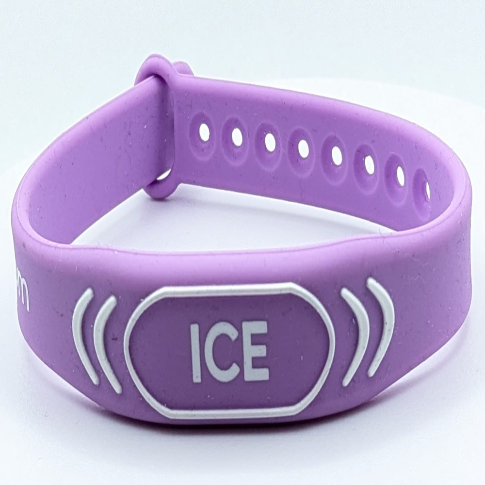 Photo of a purple adjustable silicone wristband with the word ICE (In Case of Emergency) printed on it. When clicked the embedded link opens a new web page - contactnok.com ICE products