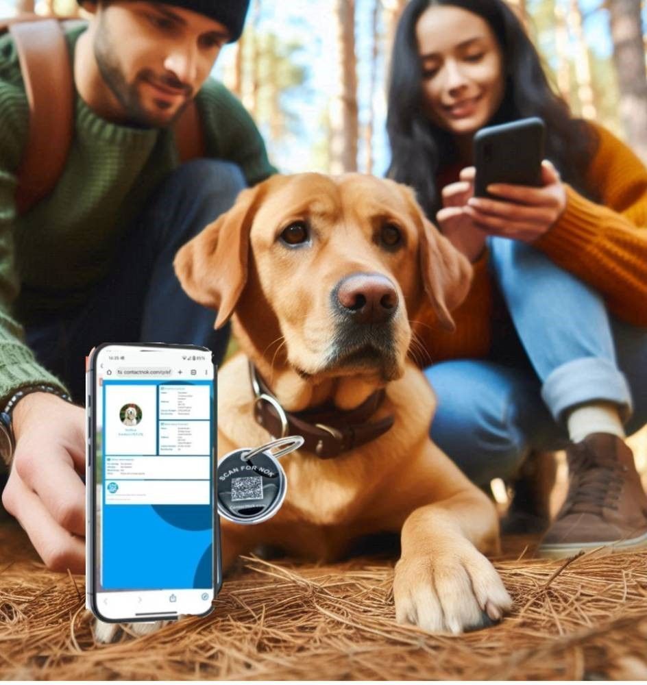 A photo of a young couple with their dog. Showing a mobile phone and the TagaWag QR code dog tag. Links to the TagaWag products page