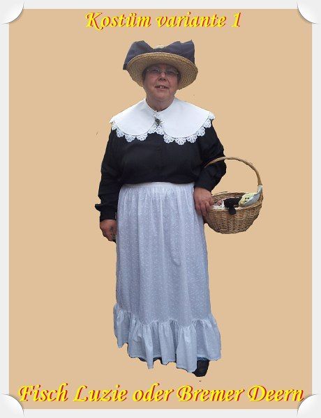 blaues Kostüm, weiße Schürze, Strohhut mit blauer Schleife, Korb mit Stofffischen