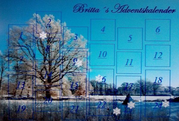 Britta´s Adventskalender; Foto einer Schneelandschaft, ein einzelner Baum van Raureif bedeckt, wolkenloser blauer Himmel