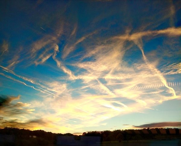 Wolkenhimmel, Foto ©Britta Ogasahara Foto: blauer der Himmel, viele sich kreuzende Kondensstreifen; Foto ©Britta Ogasahara