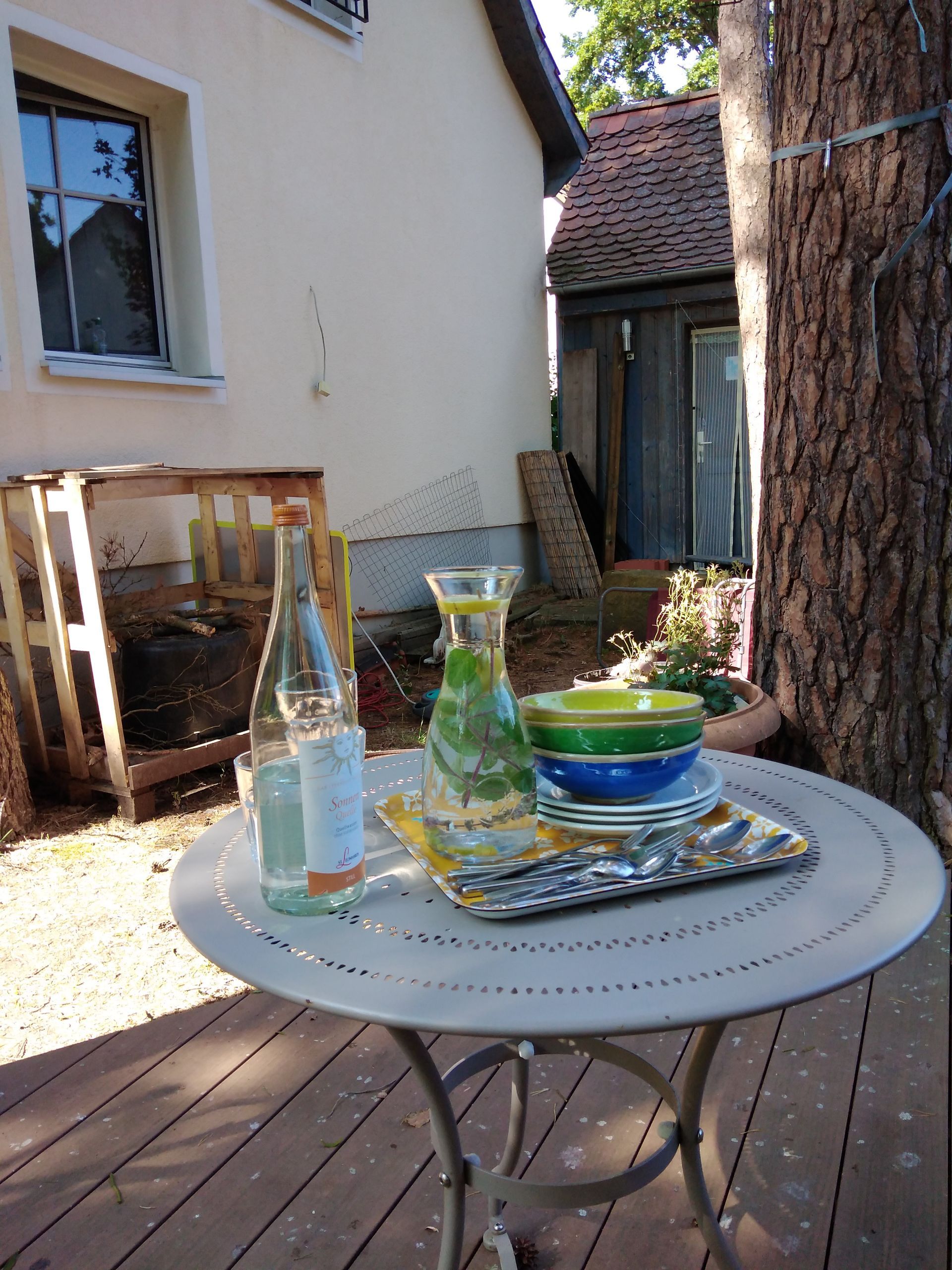 Alles für das Frühstück draußen, Foto ©Britta Ogasahara Foto: ein Tablett mit Schüsseln und Tellern, einer Karaffe mit Wasser, sowie einer Wasserflasche, Foto ©Britta Ogasahara