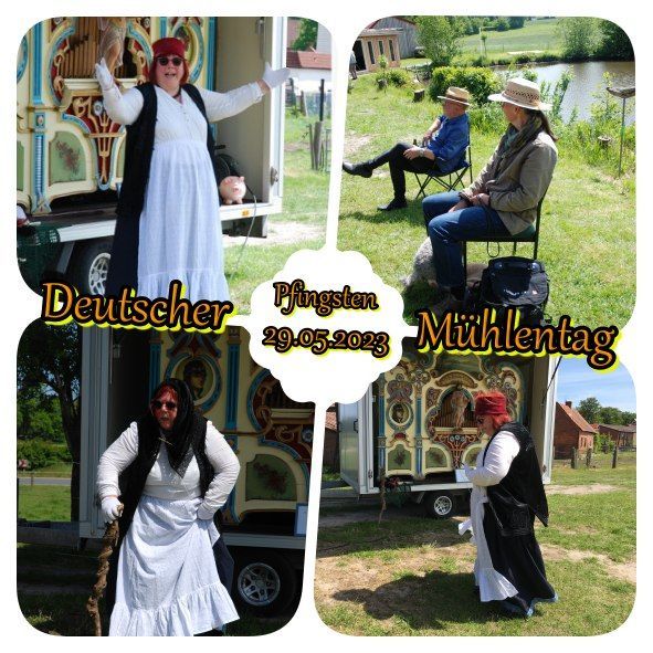 Collage zum Deutschen Mühlentag, ©Britta Ogasahara, Collage aus 4 Bildern: (oben li.) vor der Orgel, (re. oben)2 Zuhörende , tanzen(re. unten), nächste Märchen (li. unten); Foto ©Britta Ogasahara