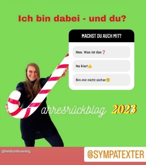 Fotocollage: Judith Peters hält eine riesige aufblasbare Zuckerstange in der Hand, sie hat eine Umfrage gestellt,