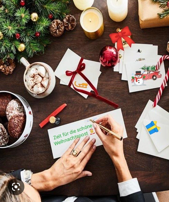  Weihnachtspost von Hand  schreiben, dabei runde Lebkuchen essen und Kakao mit Sahne trinken,