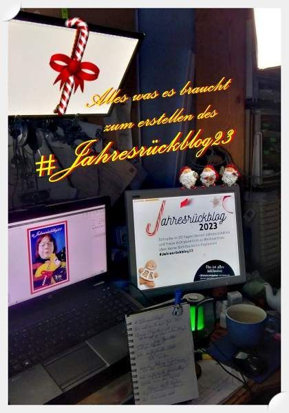 Foto: Mein Büroarbeitsplatz, 2 Bildschirme, Text: Alles was es braucht zum Erstellen des #Jahresrückblog23