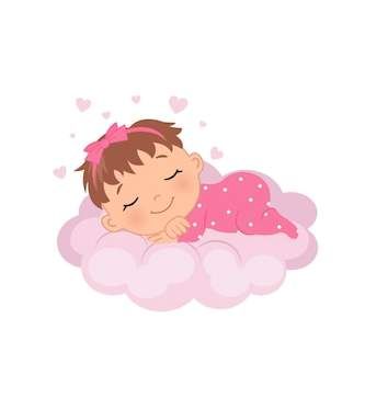 Auf einer Wolke liegt ein kleines schlafendes Baby in einem rosa Strampler mit weißen Punkten, sie hat braune Haare und darin eine rosa Schleife,
