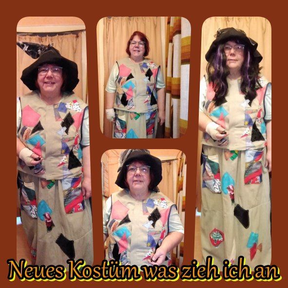 Kreppstoff mit bunten Flicken benäht, schwarzer Hexenhut,