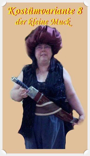 Pluderhose, brauner Bauchgürtel, schwarze Weste, roter Turban, Krummsäbel,