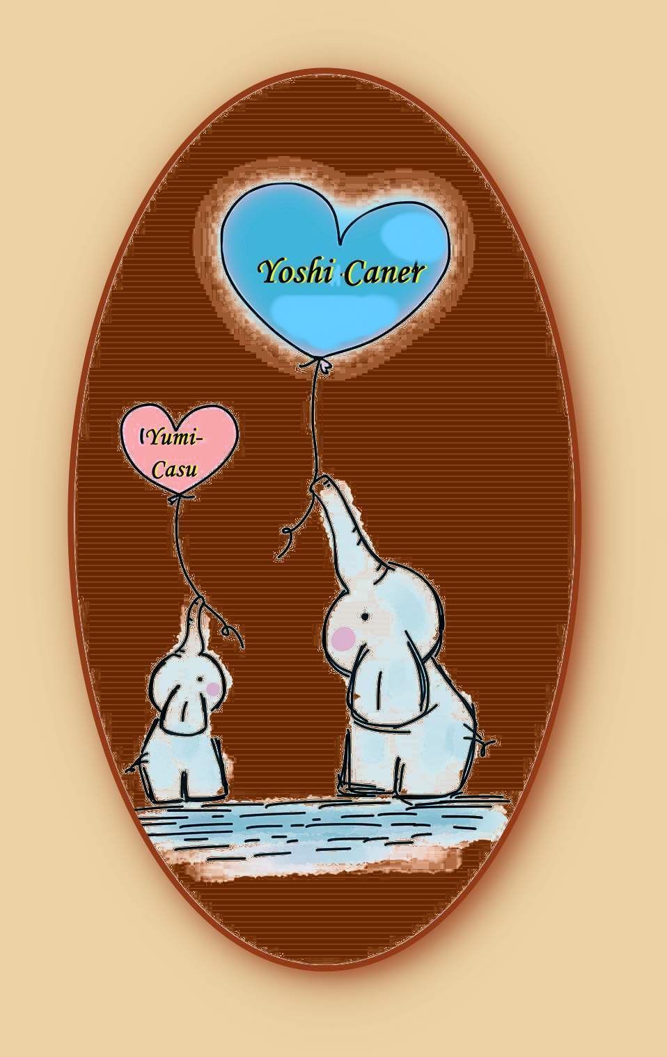 Ein kleiner und ein großer Elefant, jeder hält einen herzförmigen Luftballon mit den Namen der Kinder, Yoshi-Caner, Yumi-Casu,