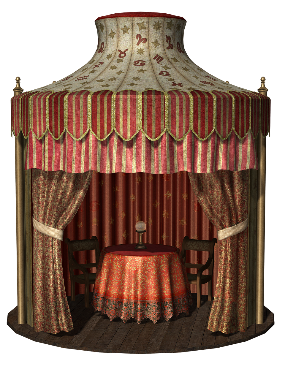 Ein rot goldenes Rundzelt, Rundes Wahrsagerzelt,