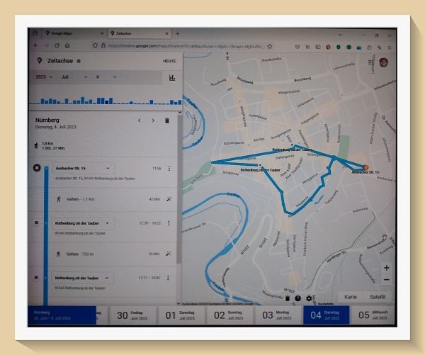 Zeitachse von Google Maps: die Wege, die ich in Rotenburg ob der Tauber zurückgelegt habe, Foto ©Britta Ogasahara