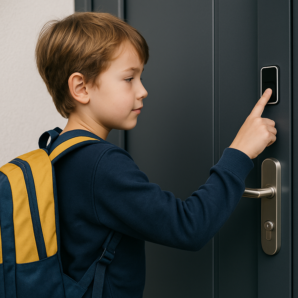 Kind legt seinen Finger auf einen Fingerprint‑Sensor an der Haustür. Schlegel Sicherheitstechnik