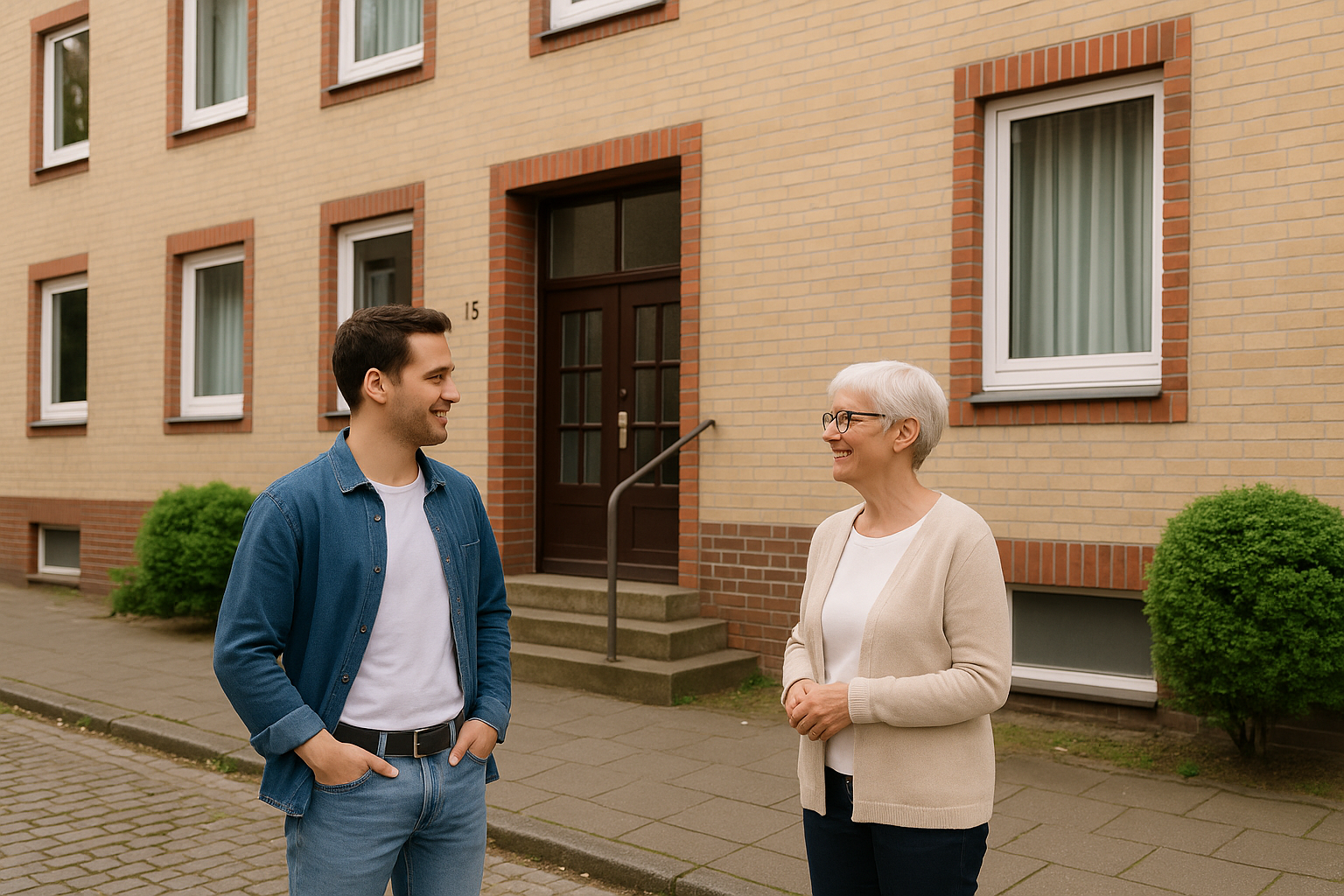 Nachbarn im Gespräch vor einem Mehrfamilienhaus in Bremen – soziale Prävention als Grundlage für Sicherheit im Wohnumfeld