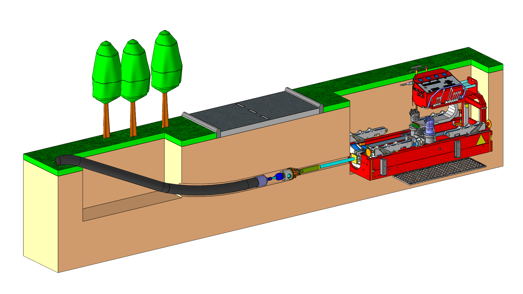 principe du tir pilote et d'alésage en forage horizontal dirigée HDD de fond de fouille avec les foreuses horizontales dirigées HDD TERRA-PIT et TERRA MINI-JET