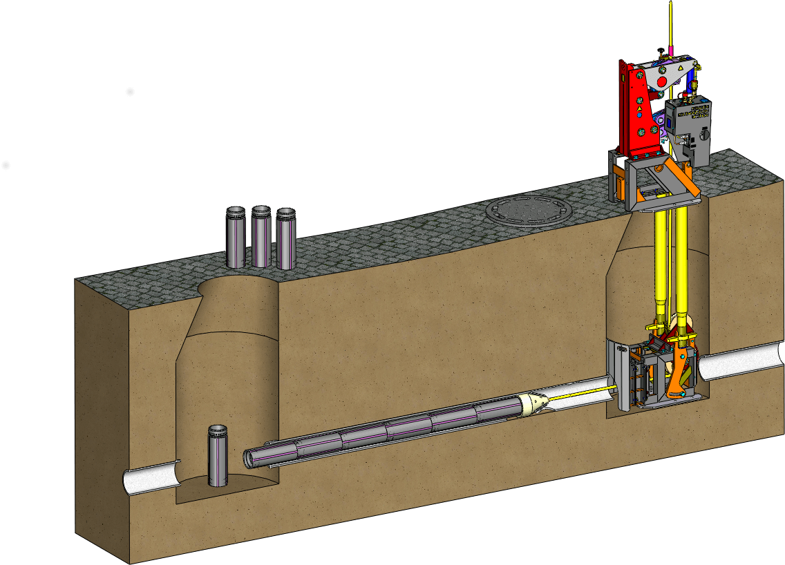 Principe de réhabilitation de canalisation de regard à regard avec des tuyaux courts et les éclateur à câble TERRA-EXTRACTORTERRA