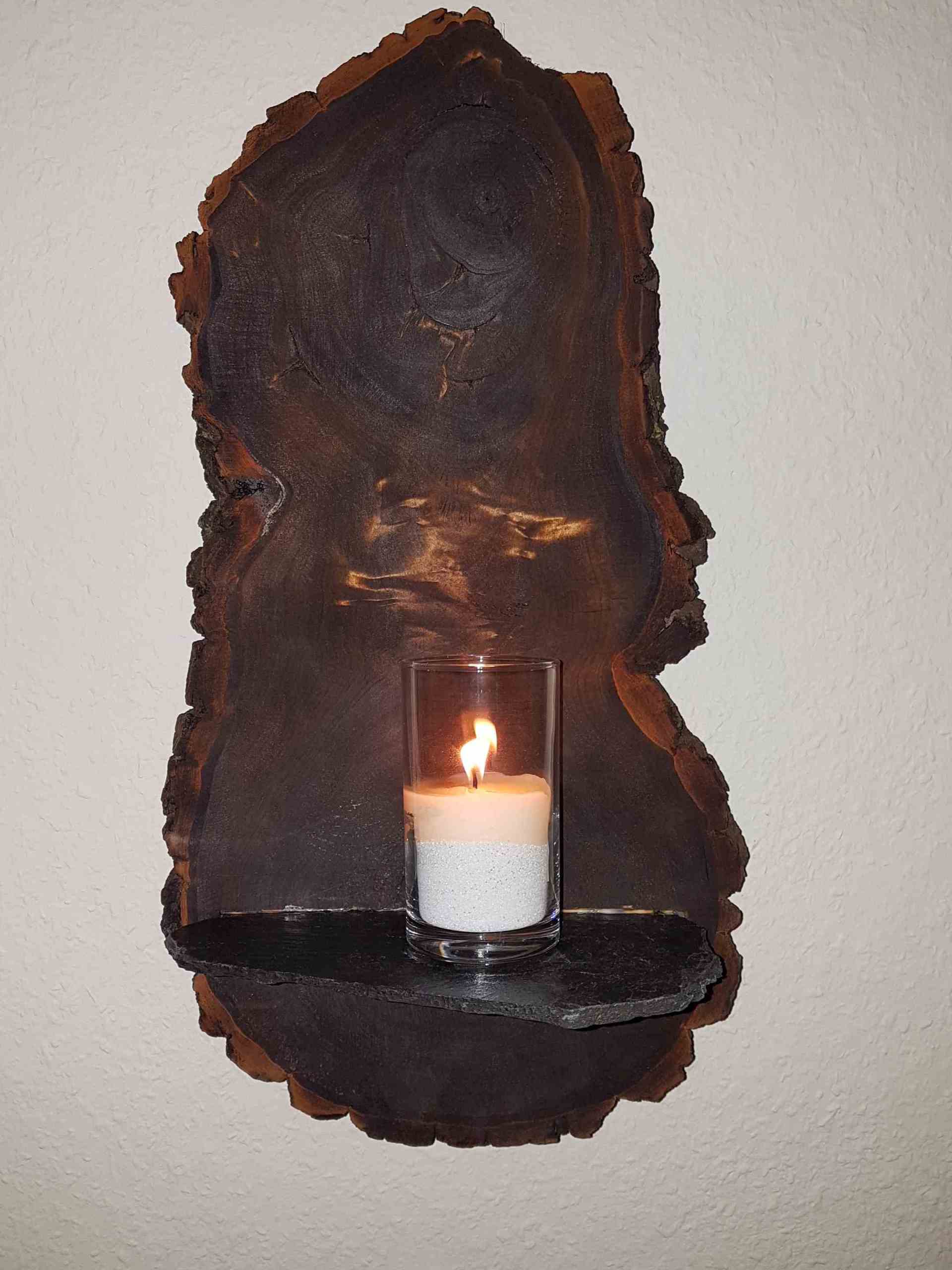 Wanddeko aus Holz Pappel mit Schieferbruchstück als Kerzenhalter Exklusives Lieblingsstück Unikat Handarbeit