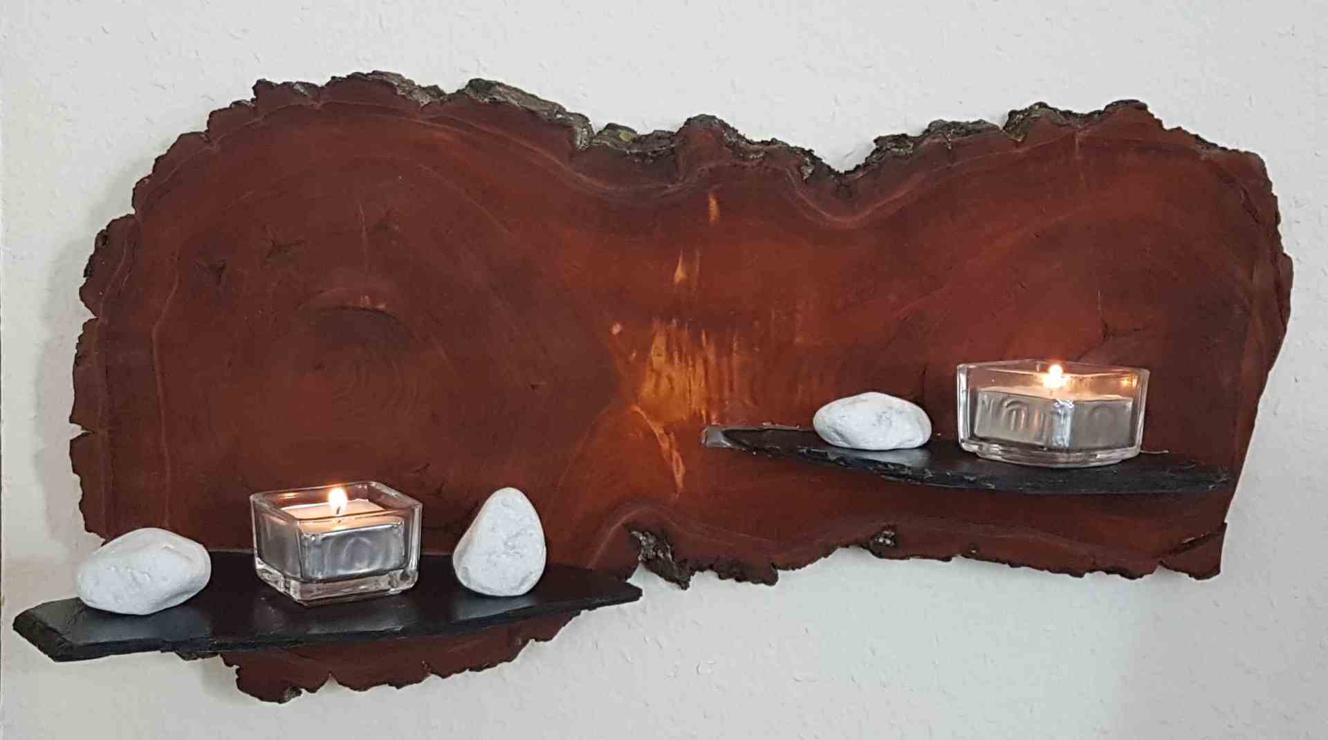 Wanddeko aus Holz Pappel mit Schieferbruchstück als Kerzenhalter Exklusives Lieblingsstück Unikat Handarbeit
