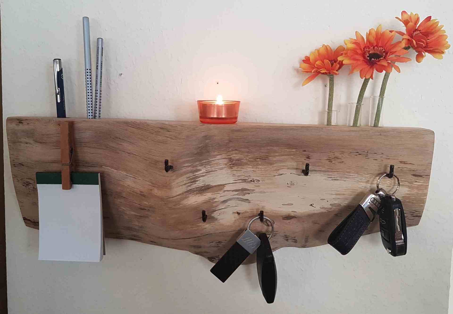 Schlüsselbrett Hakenleiste aus Holz mit Reagenzglas, Stifthalter Zettelhalter Exklusives Lieblingsstück Unikat Handarbeit